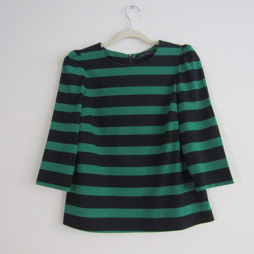 Zara Striped Top Small Green Navy Blue Business Casual Office Preppy